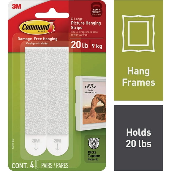 Command Picture Hanging Strips X-Large - Heavy-Duty Removable - 4 Strip Sets, White