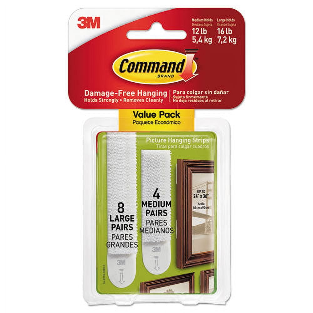 Command Picture Hanging Strips, Value Pack, Removable, White, (8) Large 0.63\" X 3.63\" Pairs, (4) Medium 0.5\" X 2.75\" Pairs