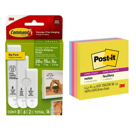 Command and Post-it Student Bundle: Command Picture Hangers, Variety Pack, 16 Pairs of Strips, Post-it Super Sticky Notes, 3 in x 3 in, Summer Joy Colors, 4 Pads