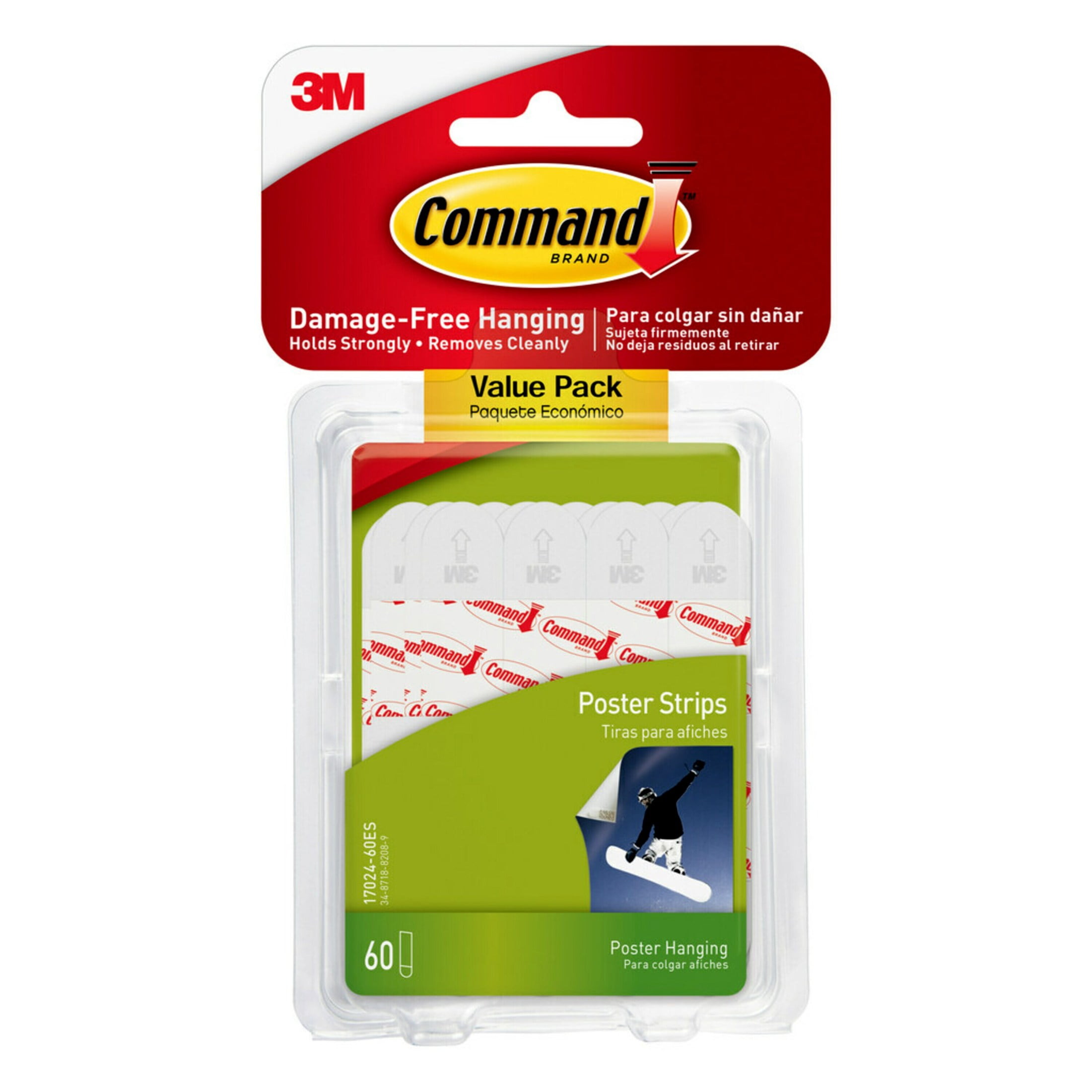 Command Poster Strips, White, Damage-Free Hanging, 60 Command Strips
