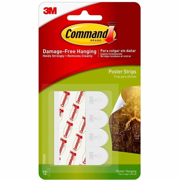 Command Poster Strips, White, Small, 12 Strips/Pack