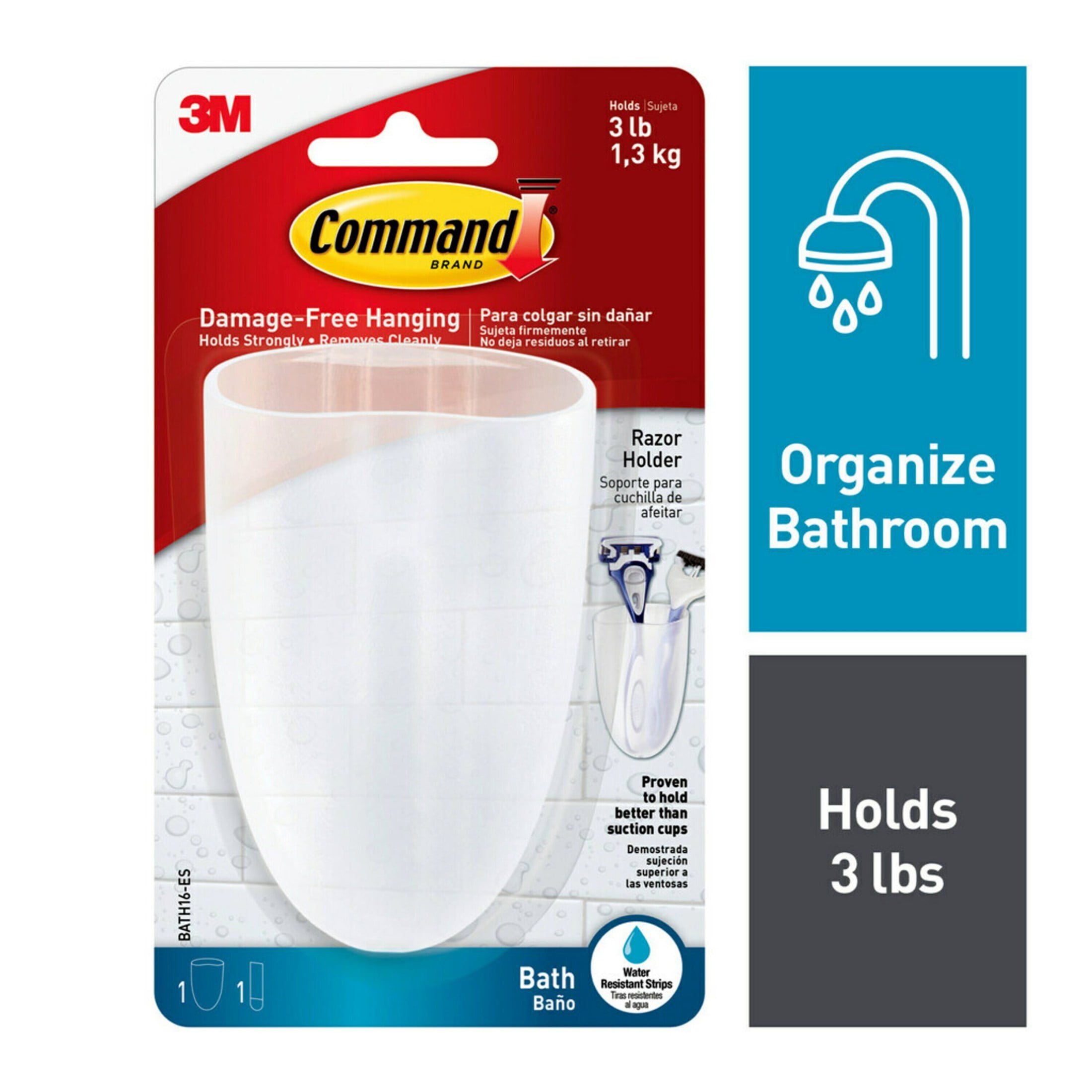 Command Razor Holder, Frosted, Medium, 1 Holder, 1 Medium Strip, Bathroom Organization