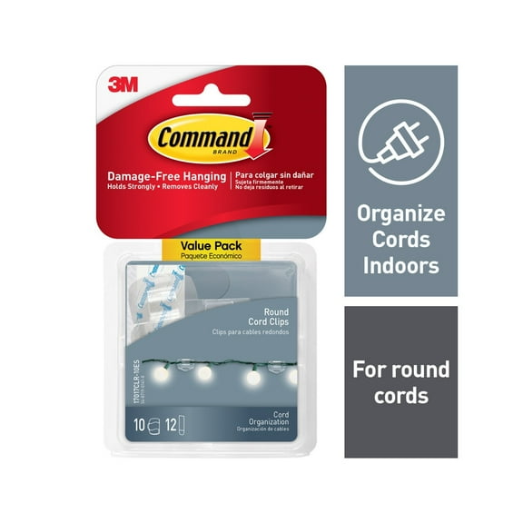 Command Round Cord Clips, Clear, Damage Free Organizing, 10 Cord Clips and 12 Strips