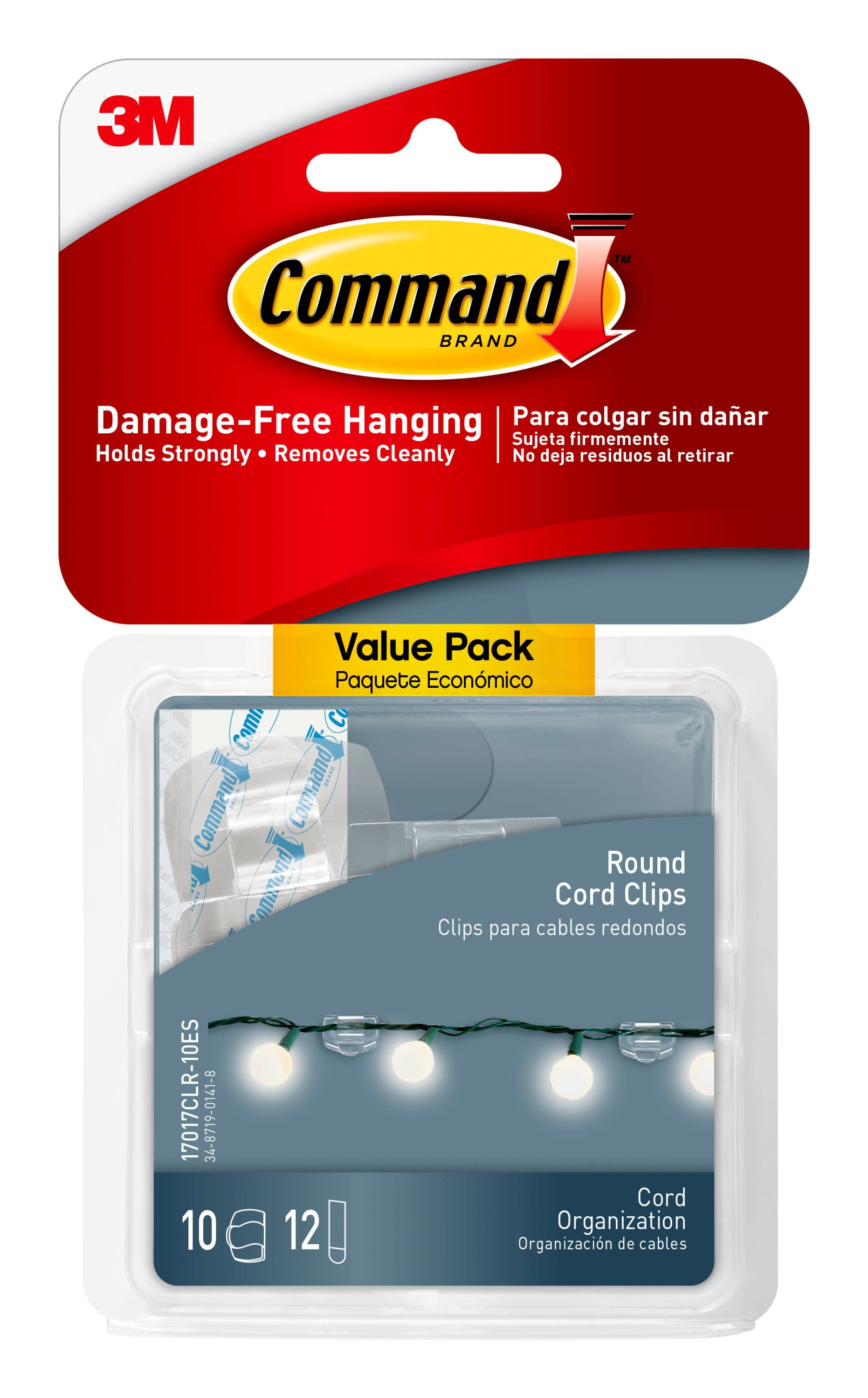 Command Round Cord Clips, Clear, Damage Free Organizing, 10 Cord