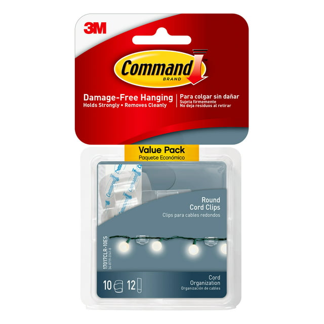 Command Round Cord Clips, Clear, Damage Free Organizing, 10 Cord Clips and 12 Strips