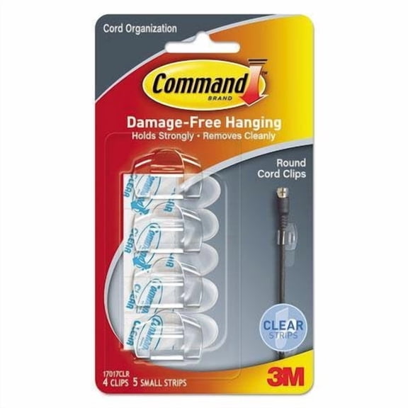 Command Round Cord Clips, Clear, Damage Free Organizing, 4 Cord Clips and 5 Strips