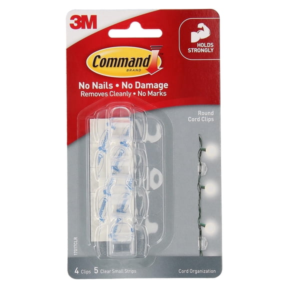 Command Round Cord Clips, Clear, Damage Free Organizing, 4 Cord Clips and 5 Strips