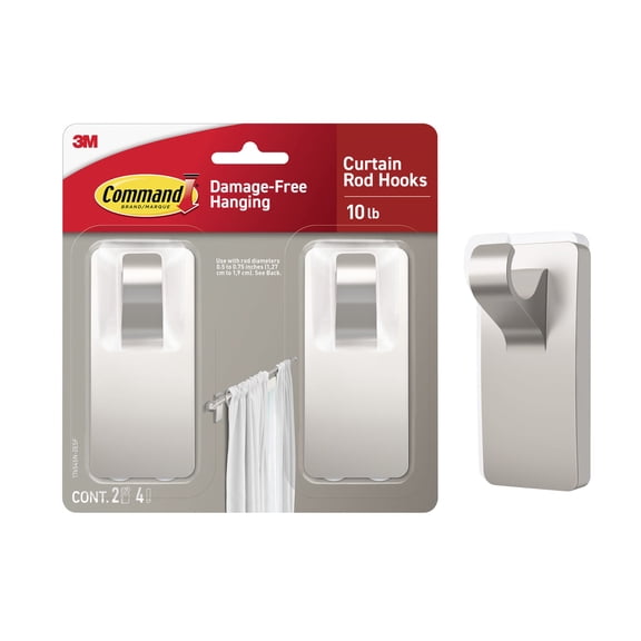 Command Satin Nickel Curtain Rod Hooks, 2 Hooks, 4 Adhesive Strips
