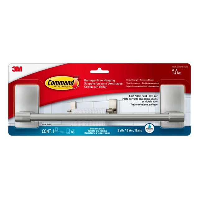 Command Satin Nickel Hand Towel Bar, 1 Towel Bar, 4 Strips, Bathroom