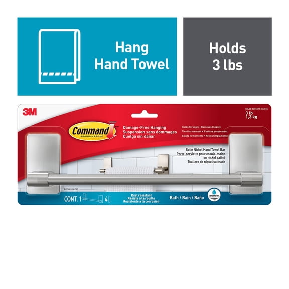 Command Satin Nickel Hand Towel Bar, 1 Towel Bar, Holds 3 lbs, 4 Strips, Bathroom Organization