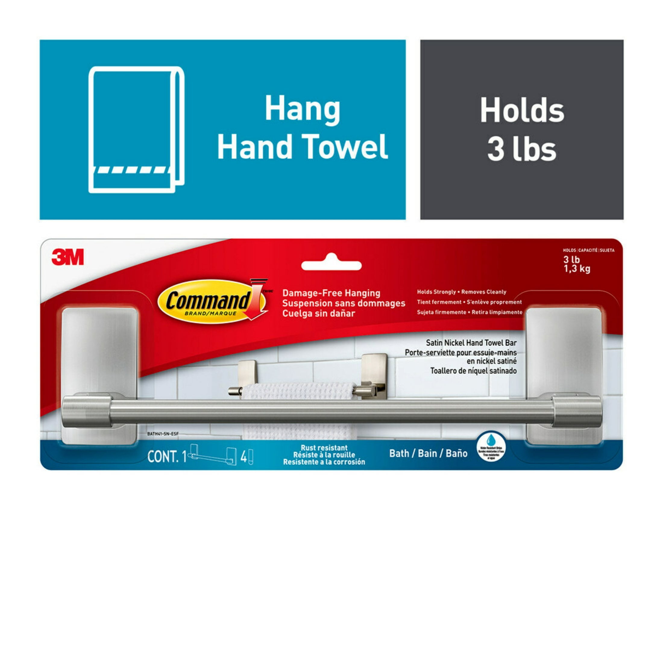 Command Satin Nickel Hand Towel Bar, 1 Towel Bar, 4 Strips, Bathroom