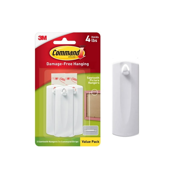 Command Sawtooth Picture Hanger, Holds 4 lbs, White, 3 Hangers, 6 Pairs Adhesive Strips