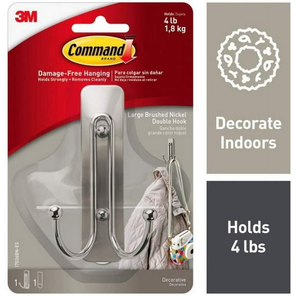 Command Silver Double Hook - Easy Installation, Adhesive, Interior Use - 1 Hook, 1 Strip, 4 Pack