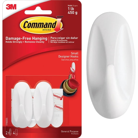 Command Small Designer Hooks, White, 2-Hooks, 4-Strips, 6-Pack, Organize Damage-Free