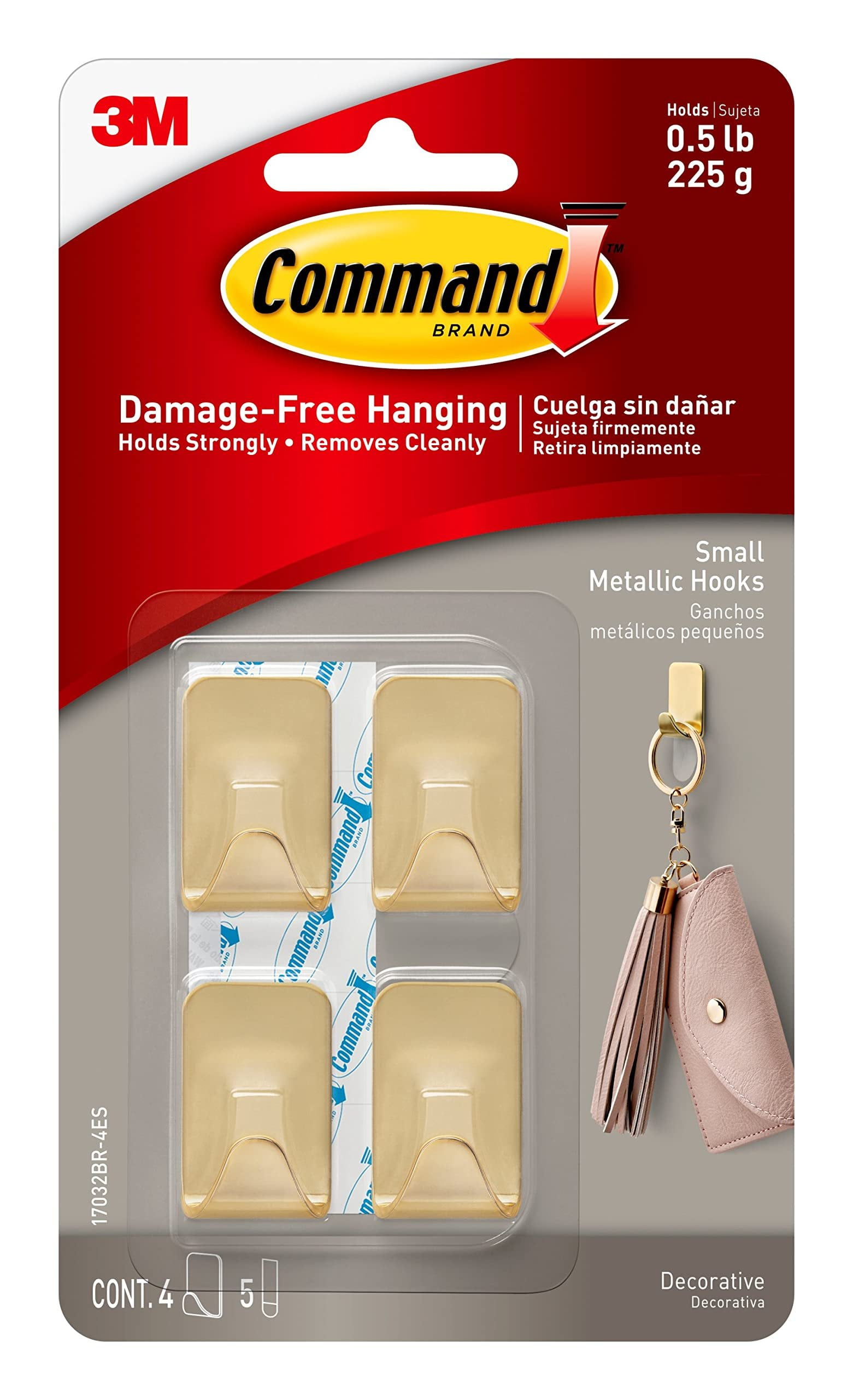 Command Small Metallic Hooks Brass Color, 4 Hooks and 5 Command Strips, Damage Free Wall Hooks with Adhesive Strips, Adhesive Hooks for Hanging Christmas Decorations, Holds up to 0.5 lb