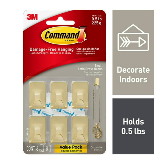 Command Small Metallic Hooks Brass Color, 6 Hooks, 8 Strips