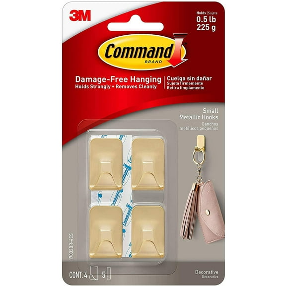 Command Small Metallic Hooks [Removable]: Small Brass [4-Pack] Brass [24-Sets]