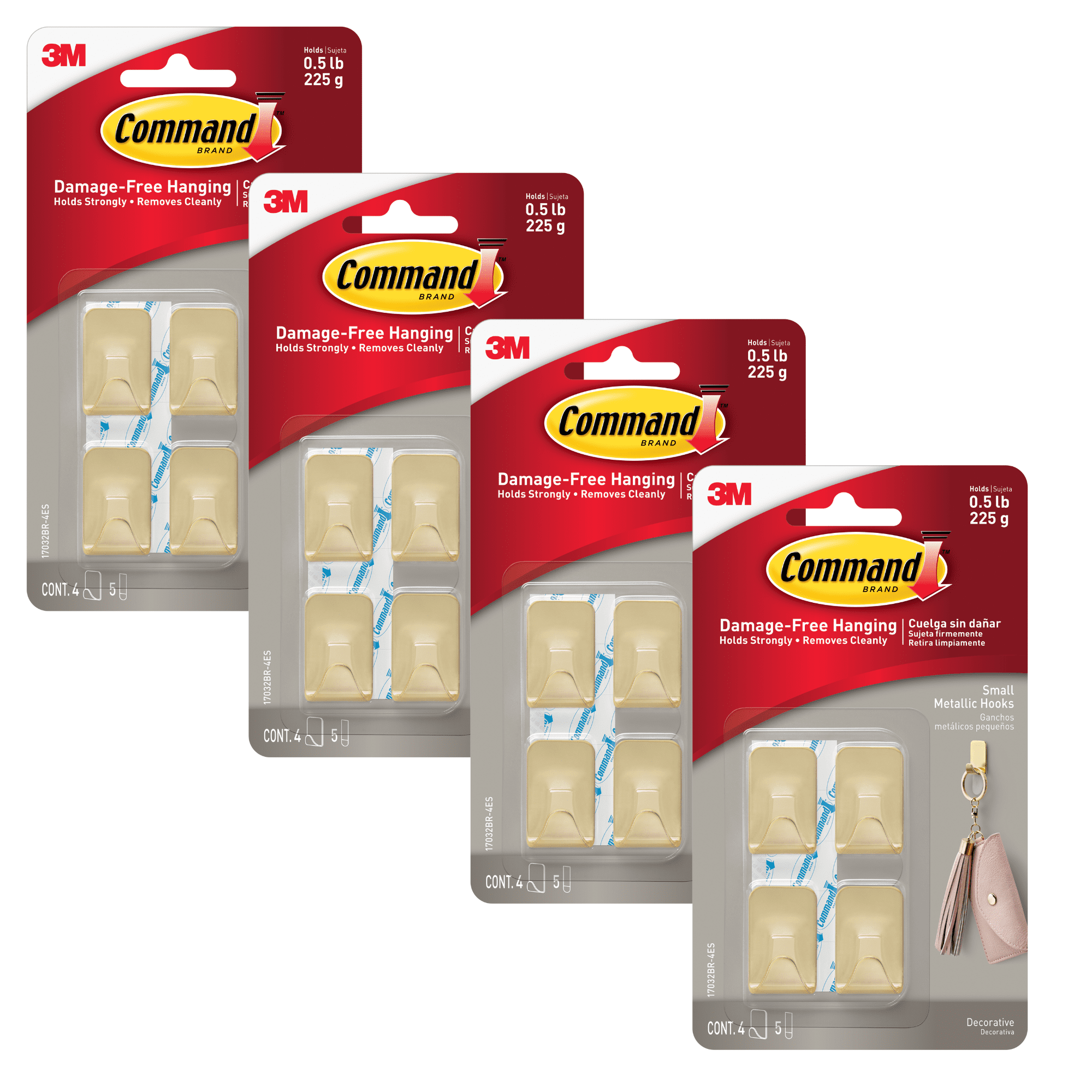 Command Small Metallic Hooks [Removable]: Small Brass [4-pack] (Brass) [4-sets]