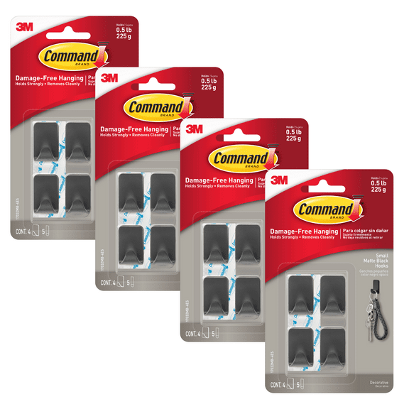 Command Small Metallic Hooks [Removable]: Small Matte Black [4-pack] (Matte Black) [4-sets]