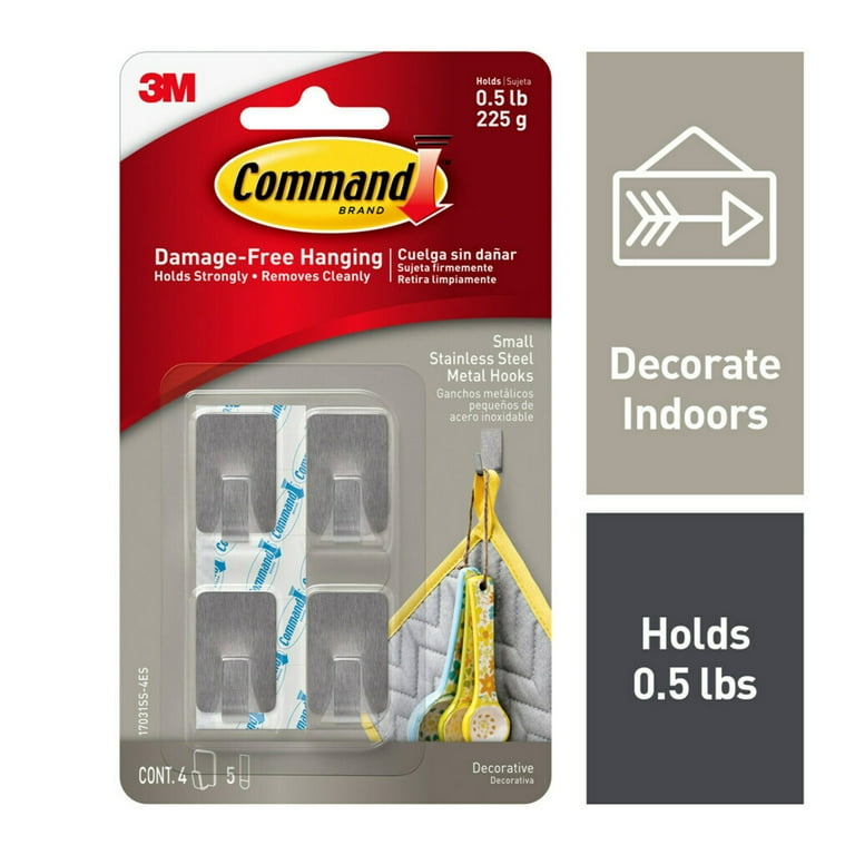 0.5 lb. Capacity Small Stainless Steel Metal Hooks (4-Hooks and 5-Adhesive Strips) 0.5 lb. Capacity Small Stainless Steel Metal Hooks (4-Hooks and 5-Adhesive Strips)