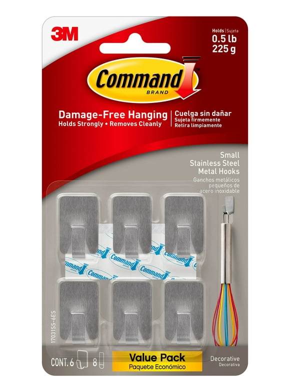 Command Small Stainless Steel Metal Hooks, 6 Hooks, 8 Strips/Pack
