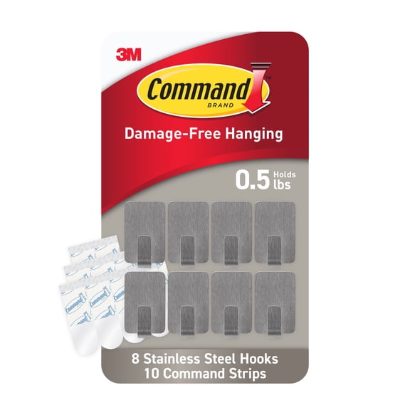 Command Small Stainless Steel Metal Hooks, 8 Hooks, 10 Adhesive Strips