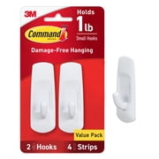 Command Small Utility Hooks, White, Damage Free Organizing, 2 Hooks, 4 Adhesive Strips