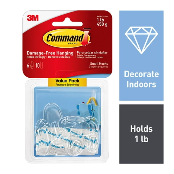 Command Small Wall Hooks, Clear, Damage Free Hanging of Dorm Room Decorations, 6 Hooks