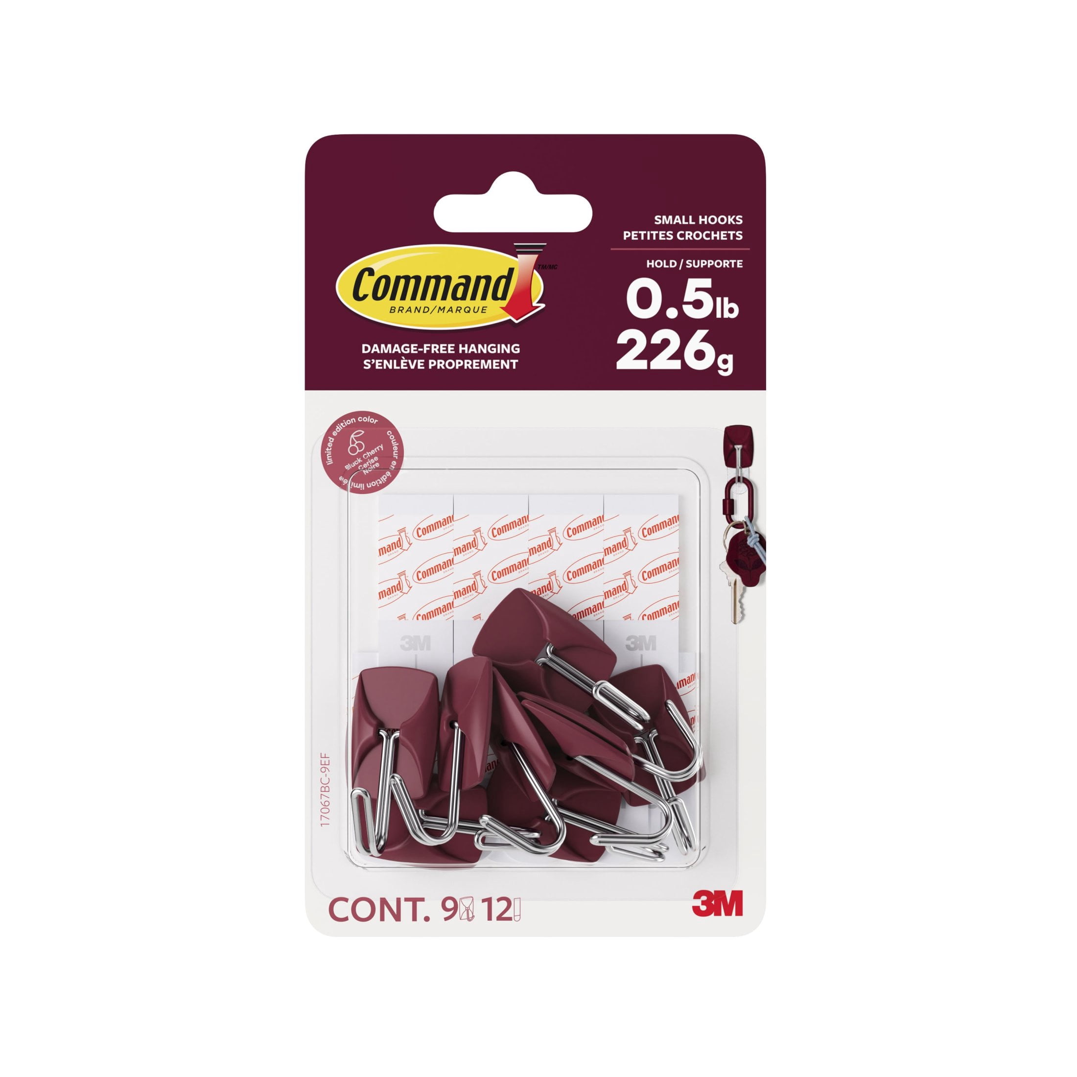 Command Small Wire Hooks, Black Cherry, Holds .5 lbs, 9 Hooks, 12 Adhesive Strips