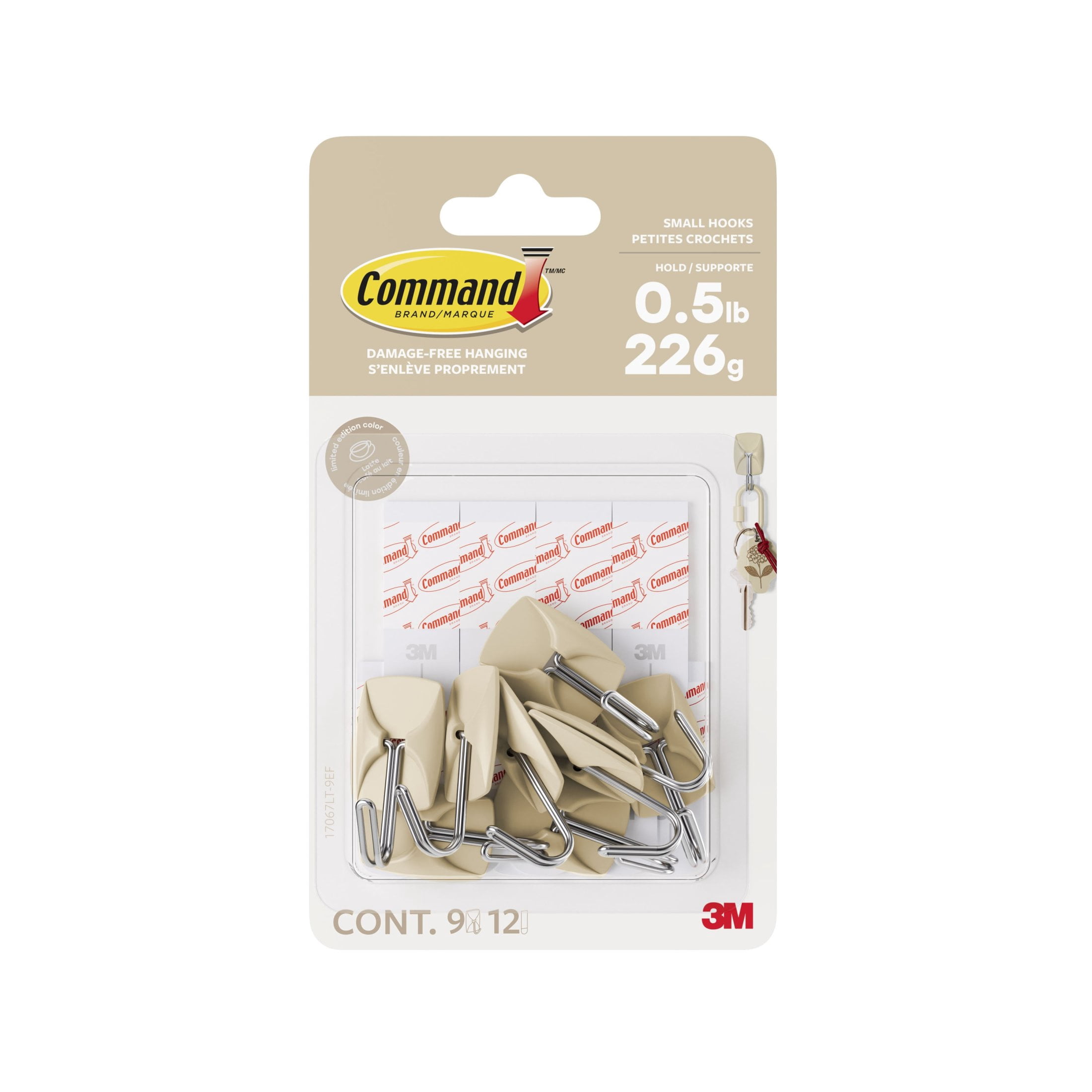 Command Small Wire Hooks, Latte, Holds .5 lbs, 9 Hooks, 12 Adhesive Strips