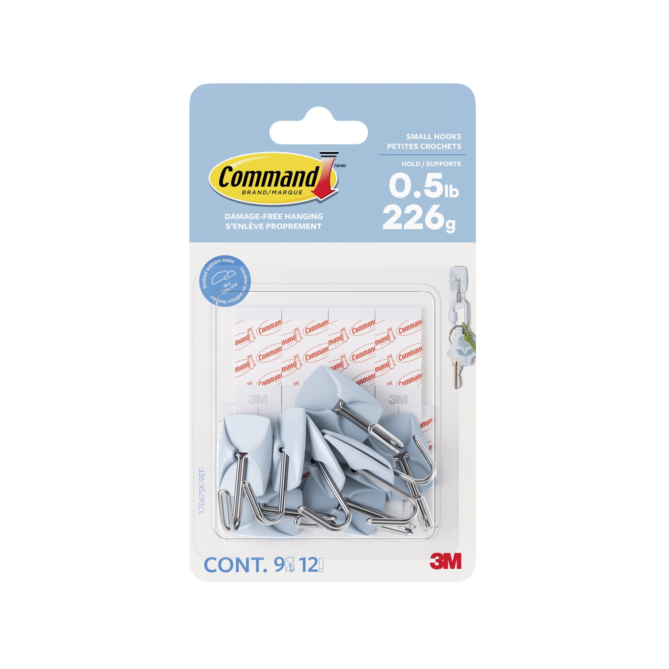 Command Small Wire Hooks, Sky, Holds .5 lbs, 9 Hooks, 12 Adhesive Strips