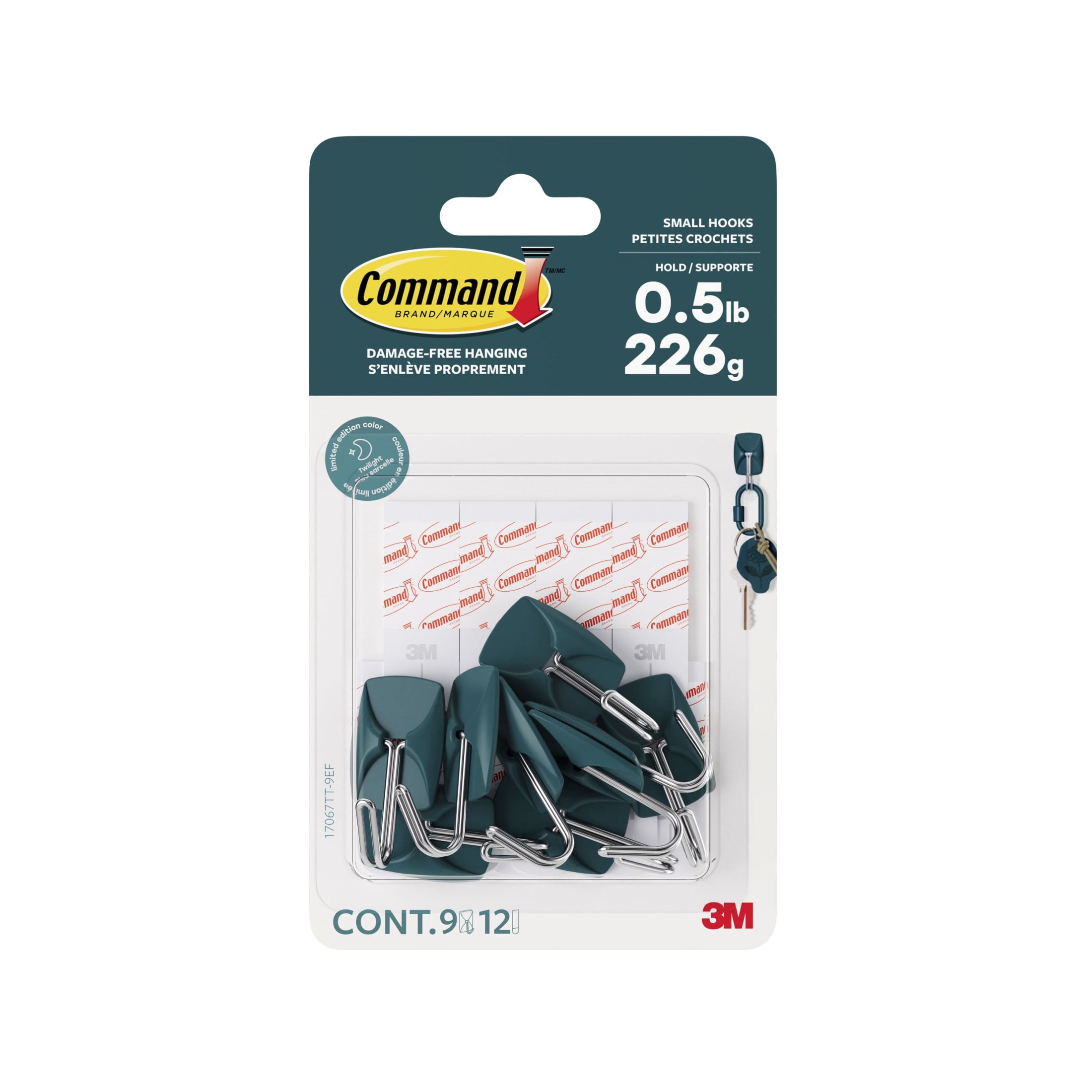 Command Small Wire Hooks, Twilight Teal, Holds .5 lbs, 9 Hooks, 12 Adhesive Strips