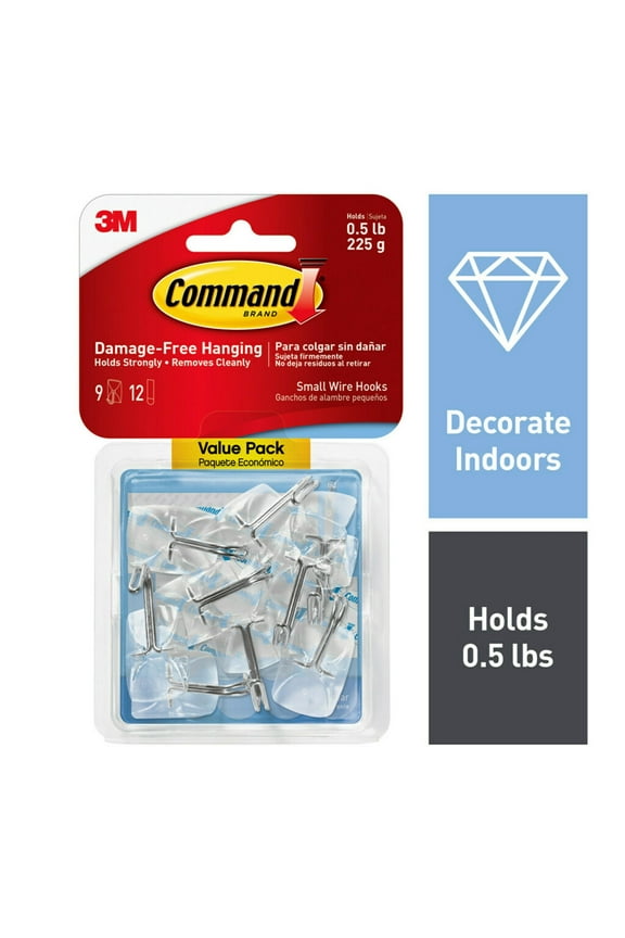 Small Wire Toggle Hooks, Clear, Damage Free Decorating, 9 Hooks