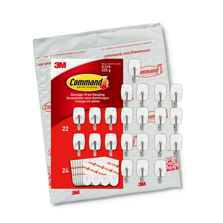 Command Small Wire Hooks, Small, Plastic/Metal, 0.5 lb Capacity, White, 22 Hooks and 24 Strips/Pack
