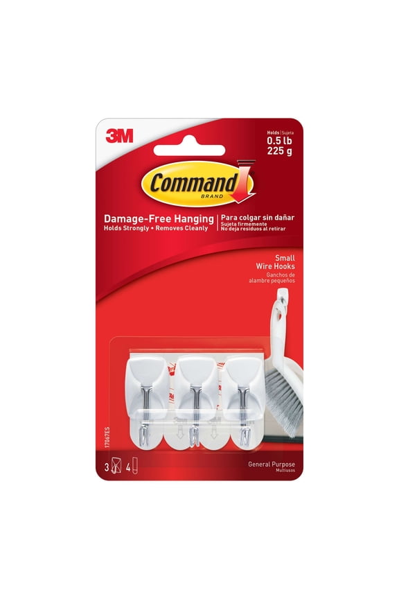 Small Wire Toggle Hooks, White, Damage Free Organizing, 3 Hooks and 4 Strips