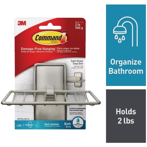 Command Soap Dish Shower Holder Satin Nickel - Damage Free Hanging - 1 Pack, Silver