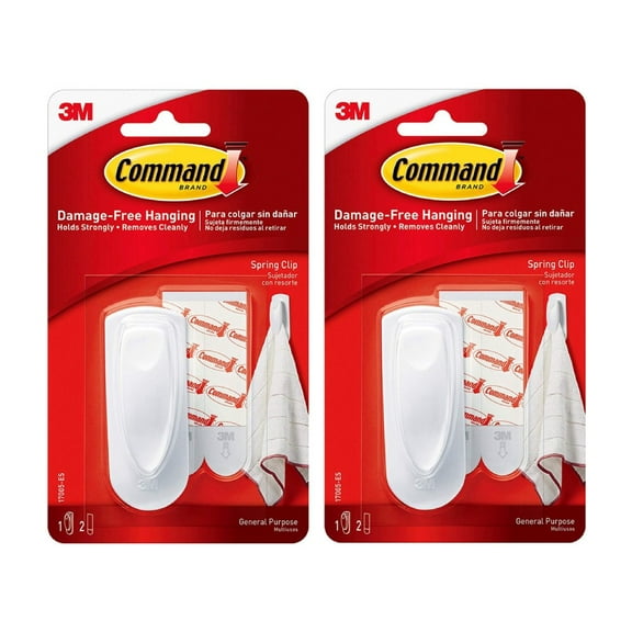 Command Spring Clip Hardware Hooks with 2 Strips Plastic White, 2 Count