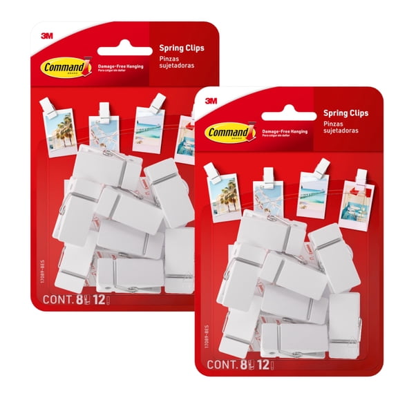 Command Spring Clips 2-Pack (16 Clips + 24 Adhesive Strips), White Damage-Free Hanging of Photos, Notes, Lightweight Decorations, and Office Organization No Tools Required
