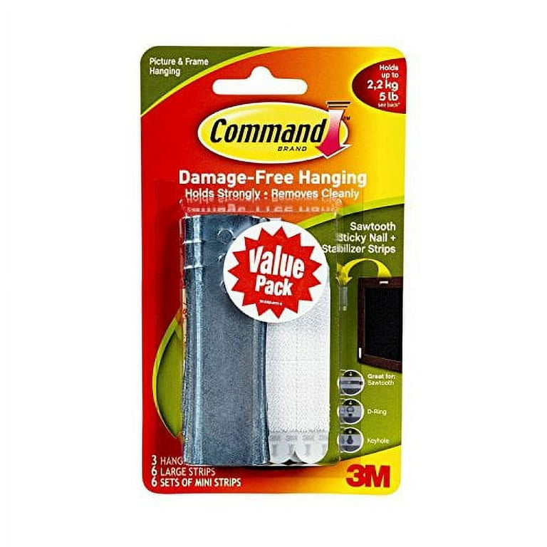 Large White Sticky Nail Sawtooth Hanger 3-Hangers 6-Large Adhesive Strips and 6-Sets of Mini Adhesive Strips/Pack Large White Sticky Nail Sawtooth Hanger 3-Hangers 6-Large Adhesive Strips and 6-Sets of Mini Adhesive Strips/Pack