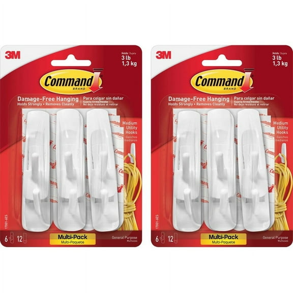 Command Strip Adhesive Hooks - 3 lb (1.36 kg) Capacity - for Paint, Wood, Tile - White - 12 / Bag | Bundle of 2 Bags