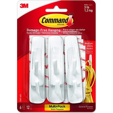 3M Command Medium Hooks 17001-VP-6PK - Adhesive, Reusable - 6 Pack, White, 12 Strips