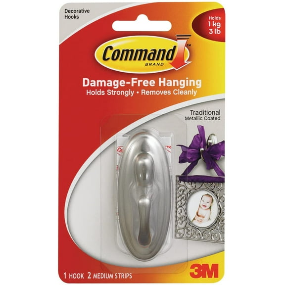 3M Command Traditional Hook 17051BN - Medium Brushed Nickel Adhesive Hook - Silver