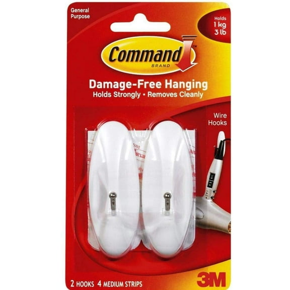 Command Medium Wire Hook - Adhesive Wall Hook, Easy Installation - 2 Count, White