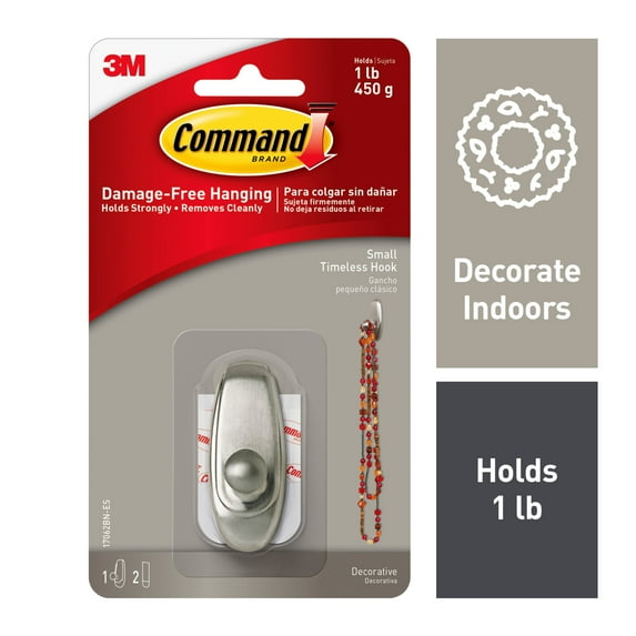 Command Timeless Hook, Brushed Nickel, 1 Hook, Small, 2 Strips/Pack