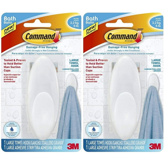 Command Towel Hook, Frosted, 5-Pound Capacity, Pack of 2
