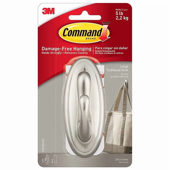 Command Traditional Hook, Brushed Nickel, Large, 1 Hook, 2 Strips/Pack