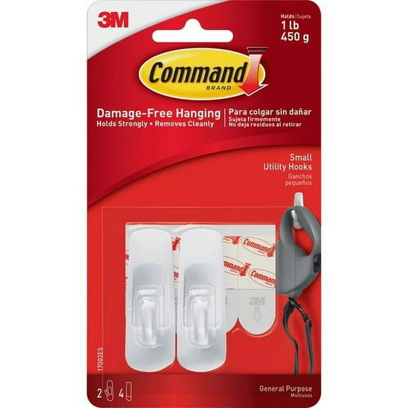 Command Utility Hooks - 2 Small Hook - 1 lb (453.6 g) Capacity - Plastic - White - 2 / Pack | Bundle of 10 Packs