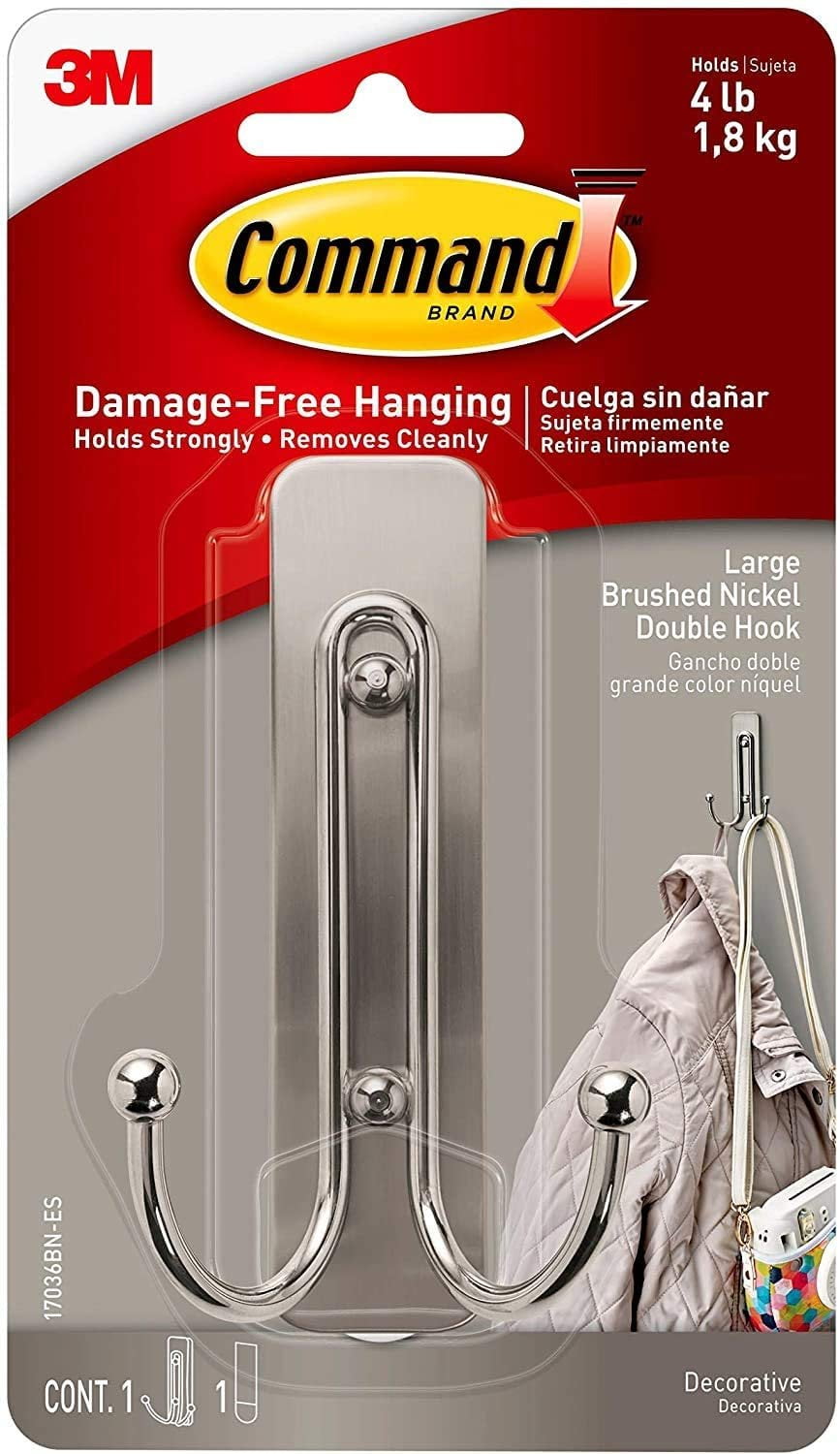 Command Wall Hooks, Large, Brushed Nickel, 17036BN-ES Decorate Damage-Free  - 1 Pack 