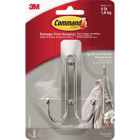 3M Command Wall Hook Brushed Nickel - Large Adhesive Hook - Silver