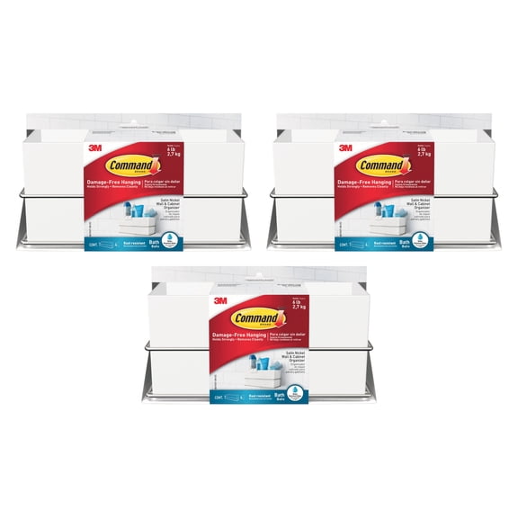 Command Bath Wall & Cabinet Organizer: 9.5 in. x 4.4 in. x 4.4 in. (Satin Nickel) [3-pack] BATH37-SN-NA
